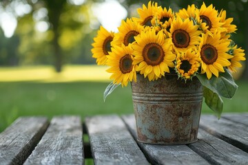 Sunflowers in a Rustic Tin Bucket on a Wooden Table