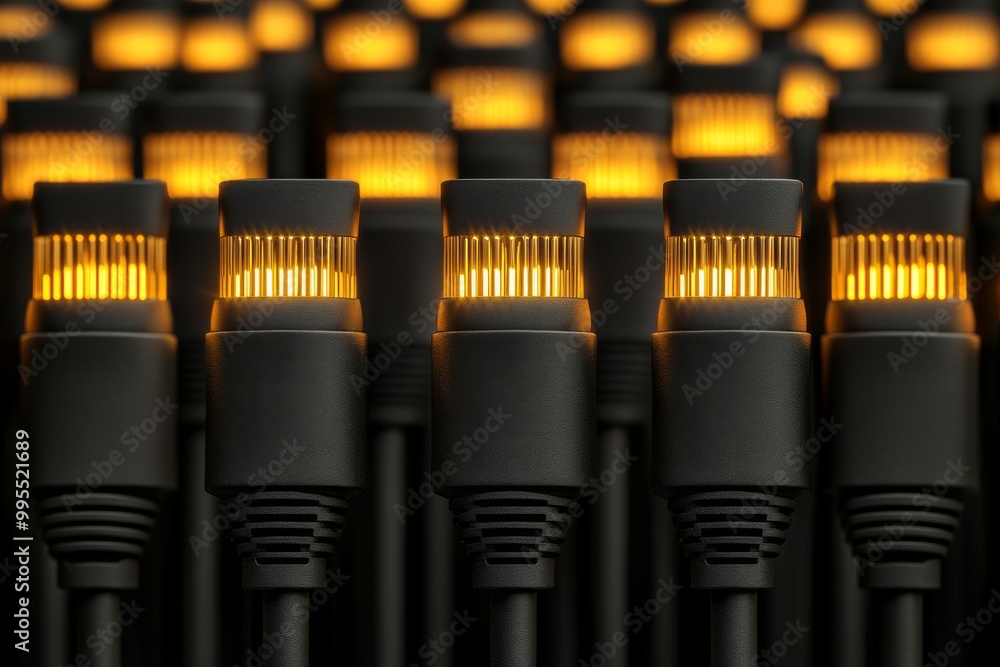 Poster multiple black ethernet ports arranged in a row with glowing orange activity lights illustrating a d