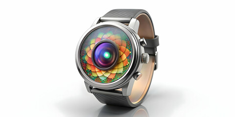 3D Smartwatch with Holographic Bhai Dooj Icons - Glossy Floating Symbols on Clean White Background, Top Down Angle for Stunning Visual Appeal