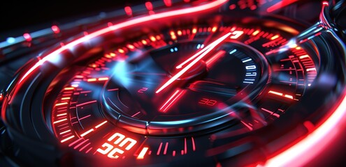 Close up of a futuristic digital watch face with glowing red and blue lights, emphasizing speed and technology.