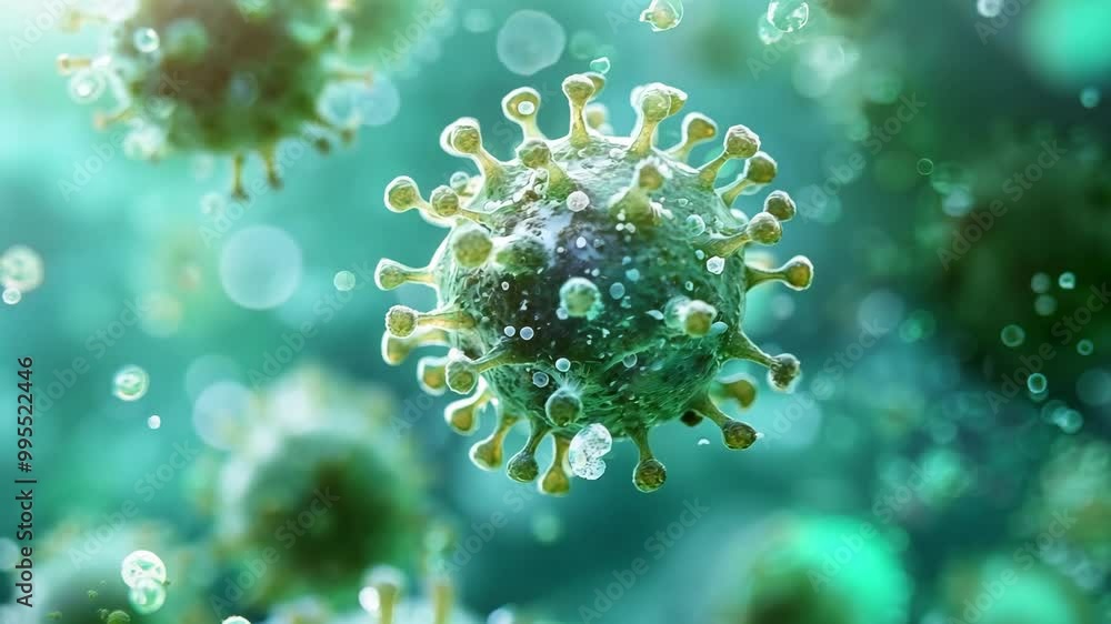 Poster a close up of a green virus with a lot of bubbles surrounding it. the bubbles are in different sizes