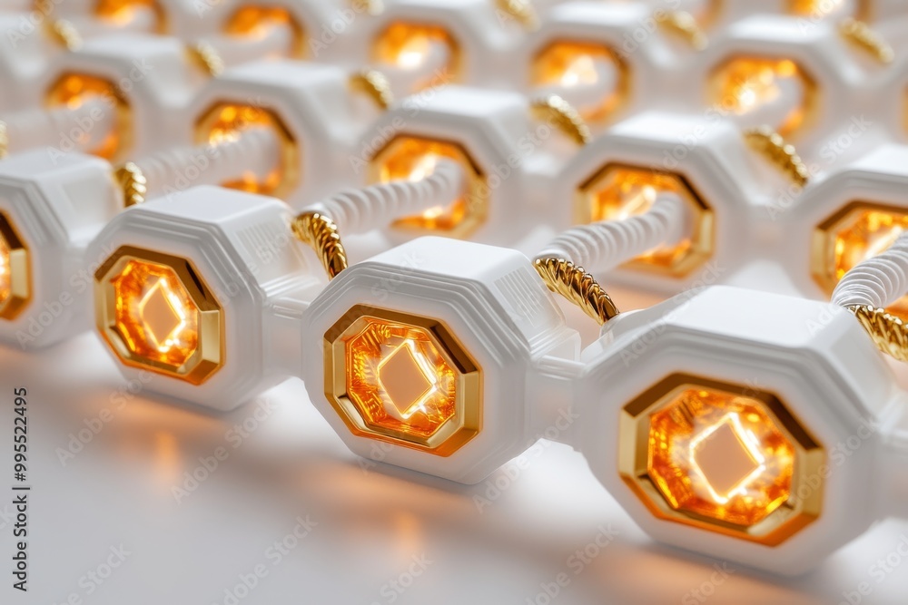 Poster row of golden hexagonal electronic components on a white background representing futuristic technolo