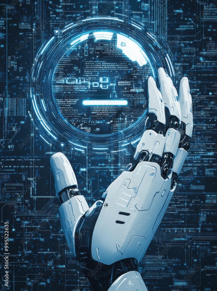 Poster futuristic ai robot hand interacting with digital holographic interface in a conceptual cyber techno