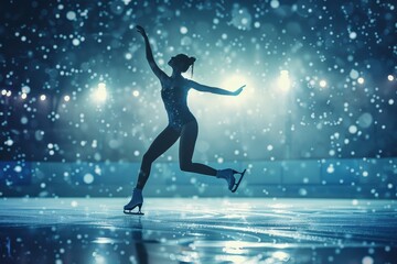 Naklejka premium A graceful ice skater performs a stunning figure skating routine under twinkling lights during a snowy evening in a winter wonderland