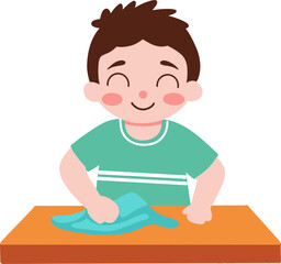Smiling child wiping a table