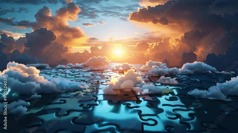 Poster a puzzle of clouds with a sun in the middle. the sky is filled with clouds and the sun is shining th