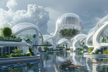 Futuristic eco-friendly cityscape at sunset showcasing innovative architecture with wind turbines and solar panels near a serene water body