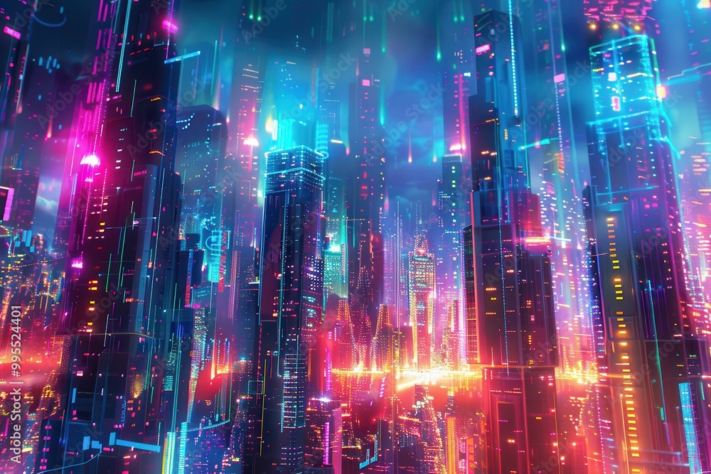 Aufkleber A vibrant futuristic cityscape illuminated by neon lights during nighttime showcases towering skyscrapers and a captivating atmosphere, creating a mesmerizing urban environment