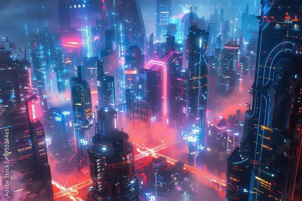 Poster a vibrant futuristic cityscape illuminated by neon lights during nighttime showcases towering skyscr