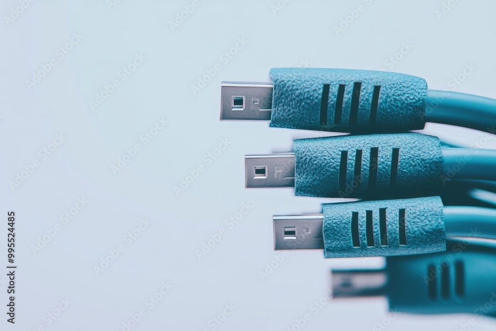 Poster close up of multiple blue ethernet cables neatly aligned on a plain background illustrating organize