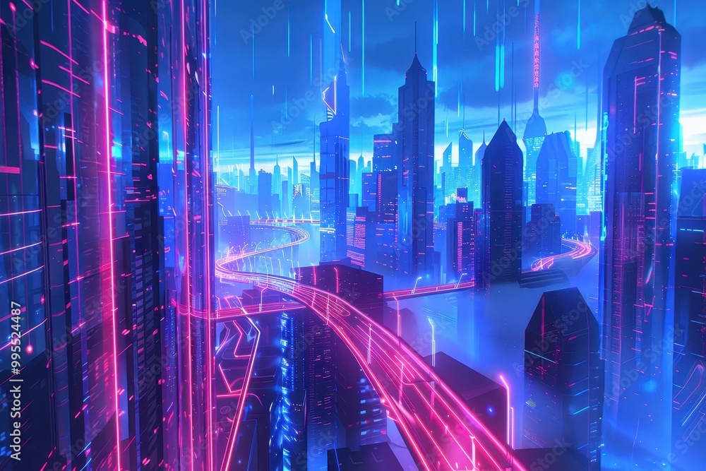 Aufkleber A vibrant futuristic cityscape illuminated by neon lights during nighttime showcases towering skyscrapers and a captivating atmosphere, creating a mesmerizing urban environment
