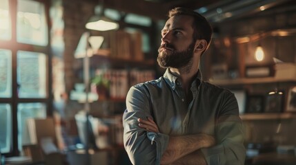 Fototapeta premium Thoughtful man in a stylish cafe, arms crossed, reflecting on ideas and inspiration. Warm lights create a cozy atmosphere for creativity.