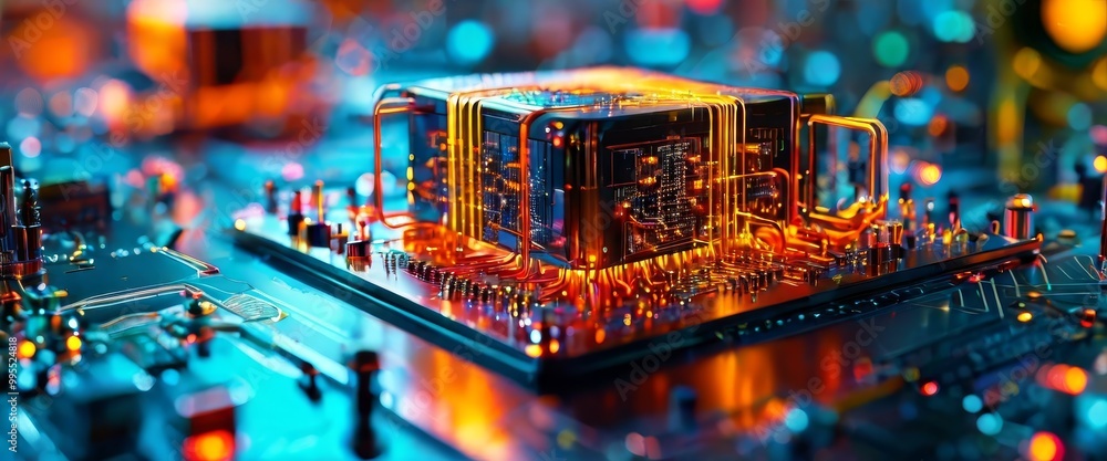 Poster a detailed close-up of a futuristic ai processor glowing with intricate wiring on a colorful circuit
