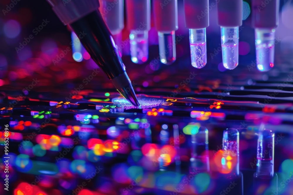Poster colorful laboratory experiment with pipettes and a pen creating patterns on a glowing surface at nig