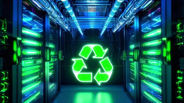 Green recycle symbol glowing in a server room, with blue and green lights.