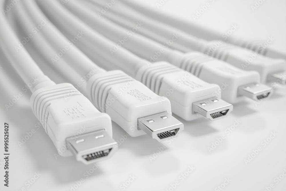 Poster white hdmi and usb cables aligned on a neutral background representing digital connectivity and mode