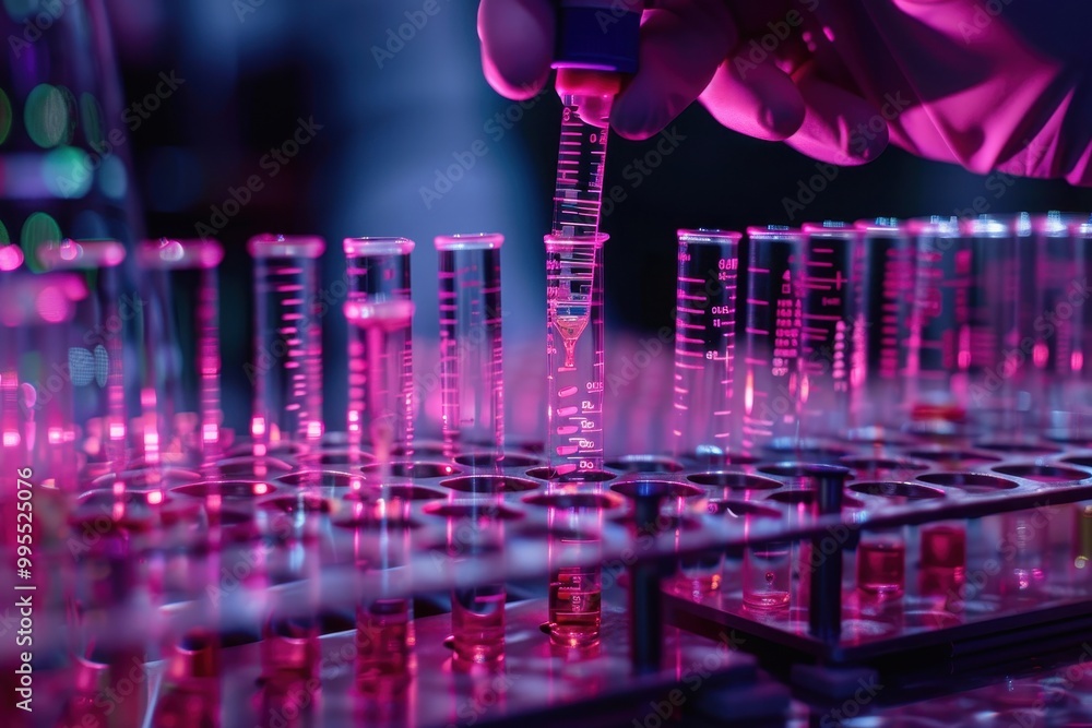 Poster colorful laboratory experiment with pipettes and a pen creating patterns on a glowing surface at nig