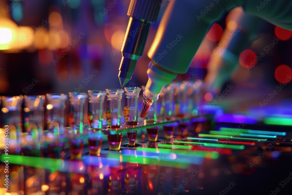 Poster colorful laboratory experiment with pipettes and a pen creating patterns on a glowing surface at nig