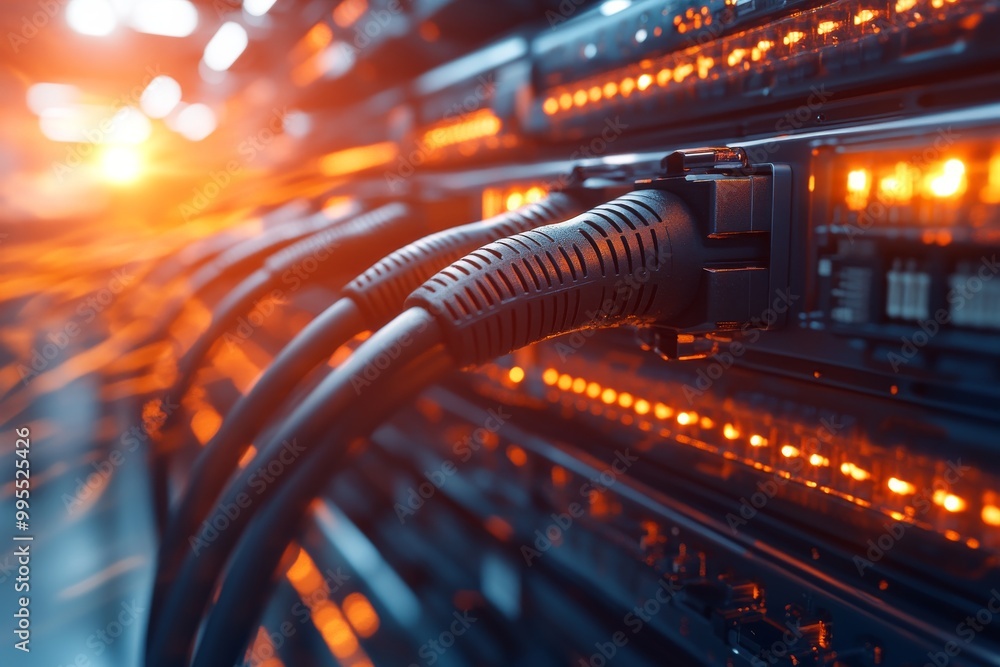 Poster tightly packed cables with glowing orange lights in a server room illustrating active data managemen