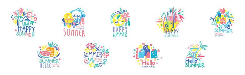 Happy Summer Logo Original Design with Bright Element Vector Set