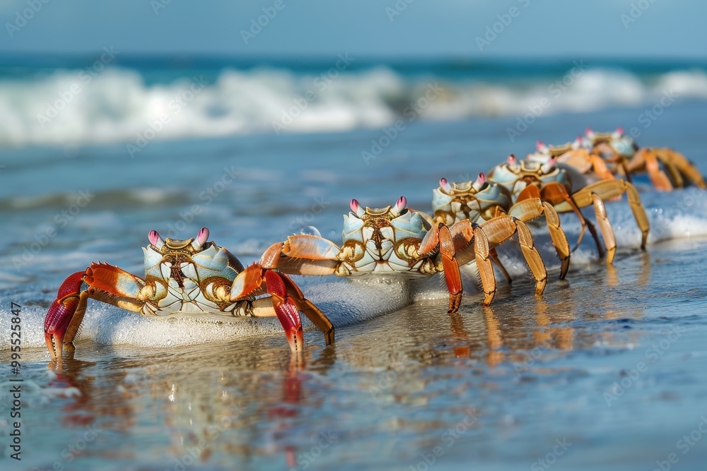 Poster a group of colorful crabs scuttling along a sandy beach during low tide with gentle waves lapping at