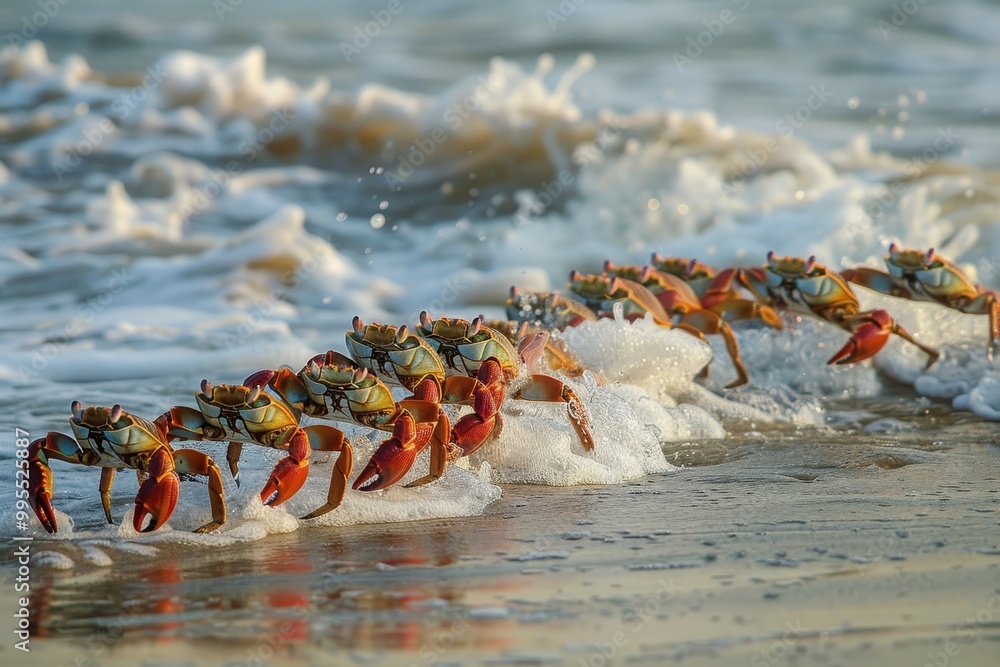 Poster a group of colorful crabs scuttling along a sandy beach during low tide with gentle waves lapping at