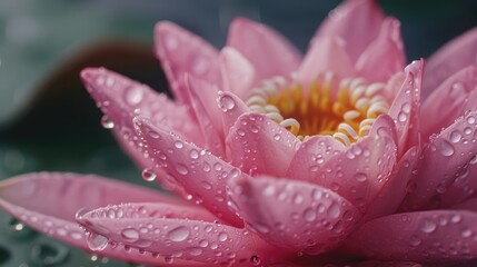 A close-up of a pink lotus flower with water droplets.