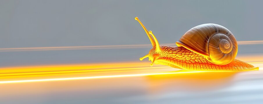 A snail crawls fast on a trail of fire.  A humorous take on the slow pace of a snail.
