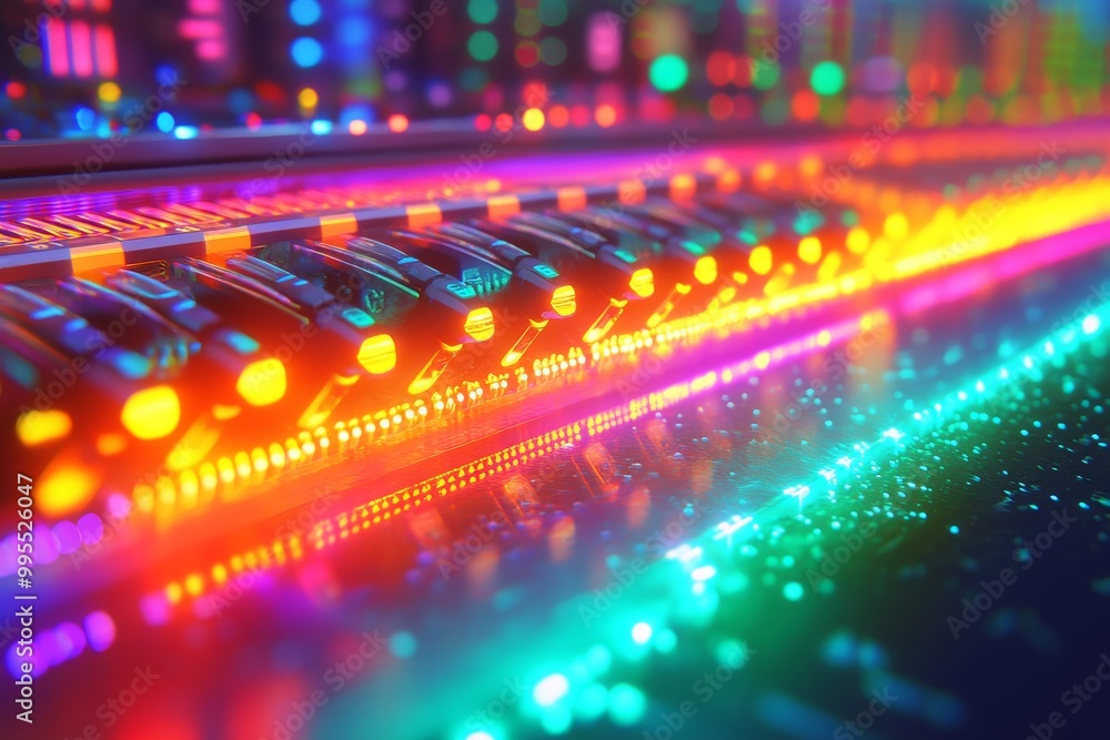 Poster glowing fiber optic cables with bright colorful lights visualizing data transfer and advanced teleco