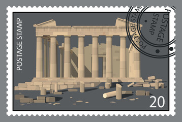 Postage stamp with an ancient Greek temple. Vector.