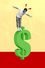 Vertical photo collage of astonished man fall huge dollar sign business income rich worker salary...