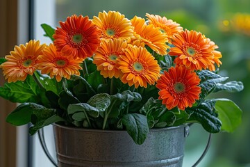 A bouquet of orange and yellow gerbera daisies in a metal bucket