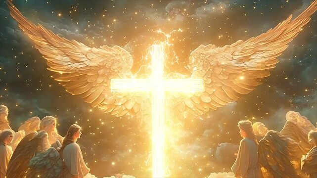 angles and a christian cross made of white glowing light Generative AI