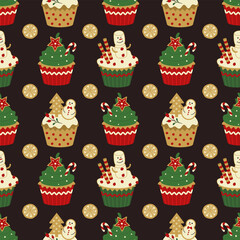 Sweet cupcakes with cream, cookies, candy, marshmallows. Festive baked goods with winter decorations. Seamless, festive, colorful pattern. Christmas and new year.