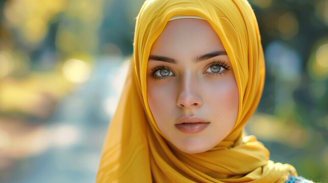 A beautiful Hindu woman with blue eyes and a yellow Hijab