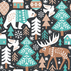 Seamless vector pattern with cute woodland animals, woods and snowflakes. Nordic forest illustration. EPS 10 vector file. Perfect for textile, wallpaper or print design.