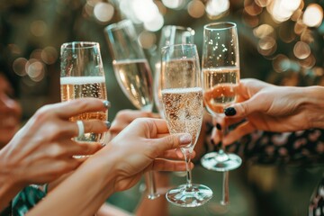A joyful gathering of friends toasting with champagne in a lush garden during a sunny afternoon celebration