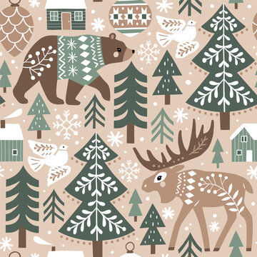 Fototapeta Seamless vector pattern with cute woodland animals, woods and snowflakes. Nordic forest illustration. EPS 10 vector file. Perfect for textile, wallpaper or print design.