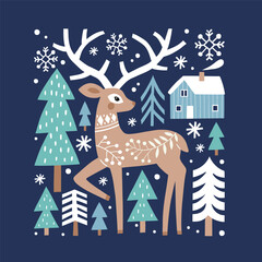 Scandinavian Christmas illustration with cute woodland deer, woods and snowflakes. Hand drawn Nordic forest illustration. Perfect for tee shirt logo, greeting card, poster or print design.