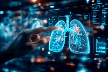 Person, hands and medical x-ray of lungs for asthma, cancer or tuberculosis research with anatomy hologram. Doctor, finger and healthcare with digital dashboard for medicine innovation and progress