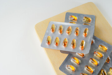 Oil filled blister pack capsules, softgel of food supplements, fish oil, omega 3, vitamin DHA