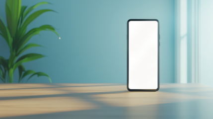 Transparent smartphone screen on wooden desk with green potted plant in natural light