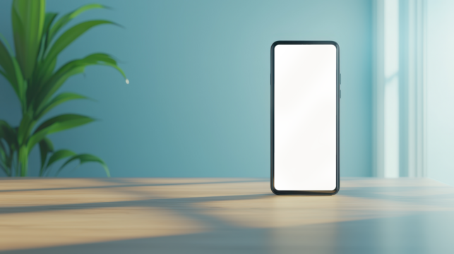 Transparent smartphone screen on wooden desk with green potted plant in natural light - Powered by Adobe