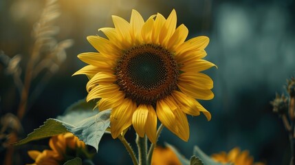 Fototapeta premium A close-up of a yellow sunflower with a dark center.