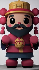 Cartoon Chinese God of Fortune with Red Outfit and Golden Hat