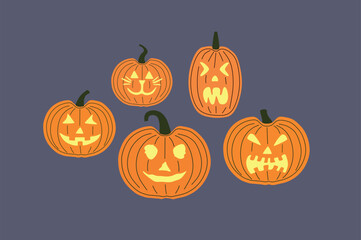 Vector illustration of five different jack-o'-lanterns with various carved expressions, set against a dark background. Perfect for Halloween-themed designs and festive decorations. Isolated.