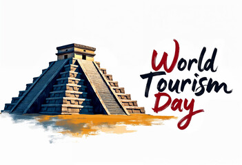 World Tourism Day banner featuring the Chichen Itza pyramid in Mexico, with the text 'World Tourism Day'