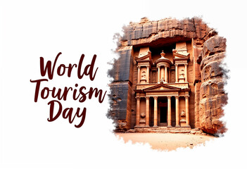 World Tourism Day banner with Petra, Jordan, carved  text 'World Tourism Day' 