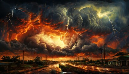 Dark, ominous storm clouds roll across the sky, illuminated by flashes of lightning. Below, a wet, deserted road stretches into the distance, reflecting the stormy weather. A dramatic scene that
