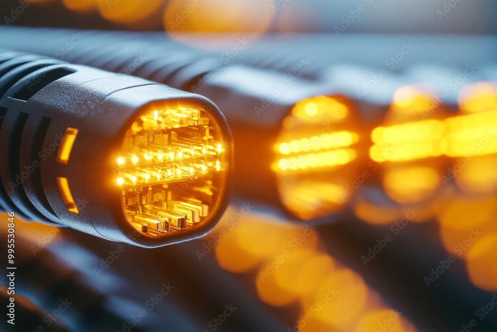 Poster close up of fiber optic connectors with glowing tips symbolizing high speed data transfer and advanc